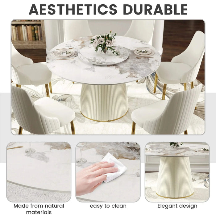 53.15 'Modern White Artificial Stone Round Beige Plywood PU Base Dining Table-23.62'White Artificial Stone Turntable-Can Accommodate 6 People (Not Including Chairs. ) Default -DTYStore