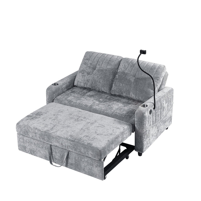 53.9" Modern Loveseat Pull-out Sofa Bed with Adjustable Backrest, Two Cup Holders , a Phone Holder, Three Charging Ports and Side Storage Pockets for Living Room, Grey - DTYStore