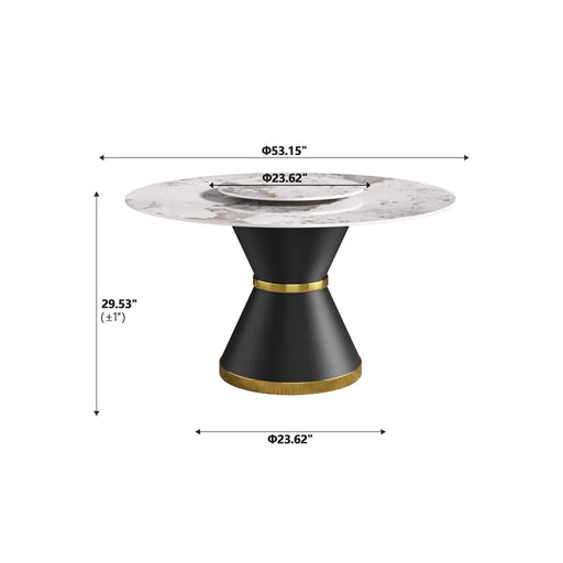 53'Modern Artificial Stone Round Black Carbon Steel Base Dining Table-23.62'White Artificial Stone Turntable-Can Accommodate 6 People Default -DTYStore