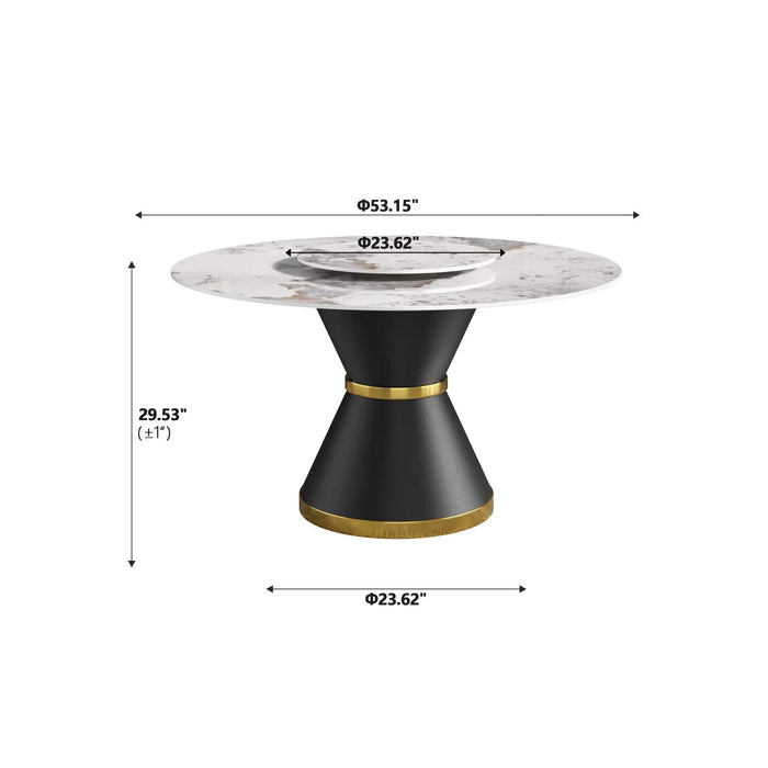 53'Modern Artificial Stone Round Black Carbon Steel Base Dining Table-23.62'White Artificial Stone Turntable-Can Accommodate 6 People Default -DTYStore
