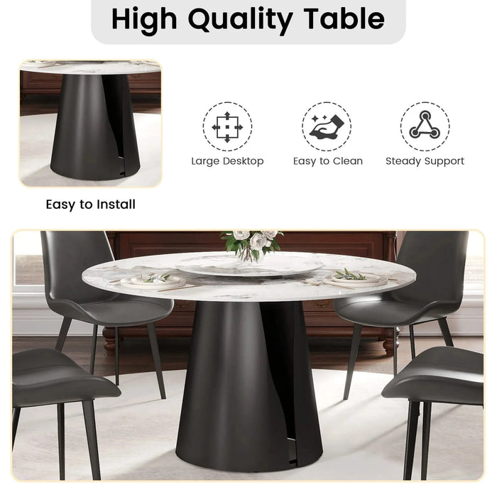 53'Modern Artificial Stone Round Black Carbon Steel Base Dining Table-23.62'White Artificial Stone Turntable-Can Accommodate 6 People Default -DTYStore