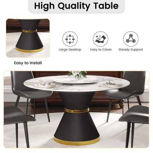 53'Modern Artificial Stone Round Black Carbon Steel Base Dining Table-23.62'White Artificial Stone Turntable-Can Accommodate 6 People Default -DTYStore