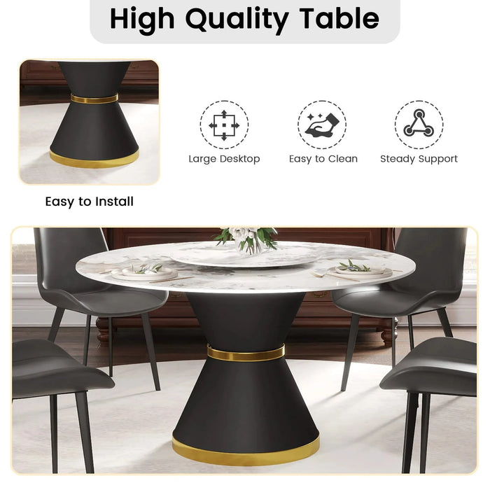 53'Modern Artificial Stone Round Black Carbon Steel Base Dining Table-23.62'White Artificial Stone Turntable-Can Accommodate 6 People Default -DTYStore