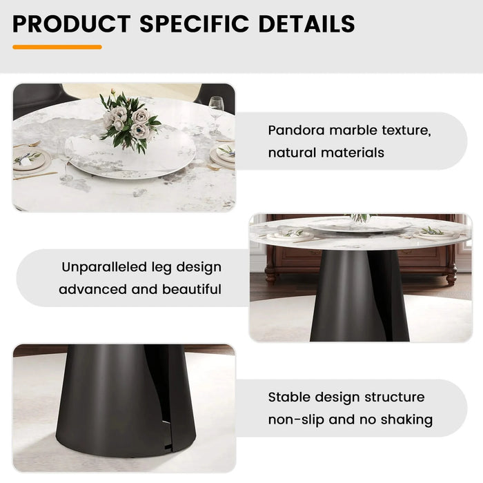 53'Modern Artificial Stone Round Black Carbon Steel Base Dining Table-23.62'White Artificial Stone Turntable-Can Accommodate 6 People Default -DTYStore