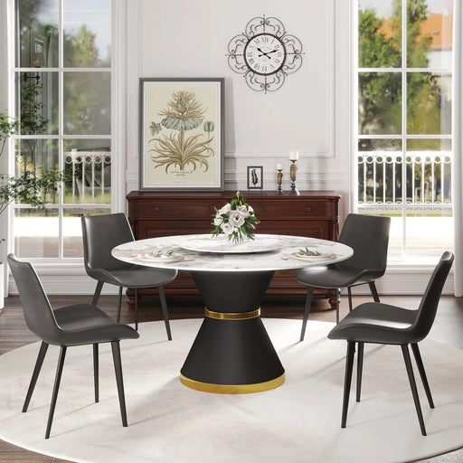 53'Modern Artificial Stone Round Black Carbon Steel Base Dining Table-23.62'White Artificial Stone Turntable-Can Accommodate 6 People Default -DTYStore