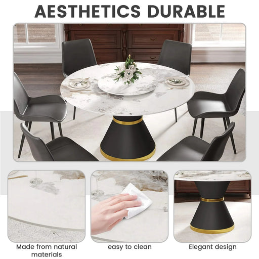 53'Modern Artificial Stone Round Black Carbon Steel Base Dining Table-23.62'White Artificial Stone Turntable-Can Accommodate 6 People Default -DTYStore