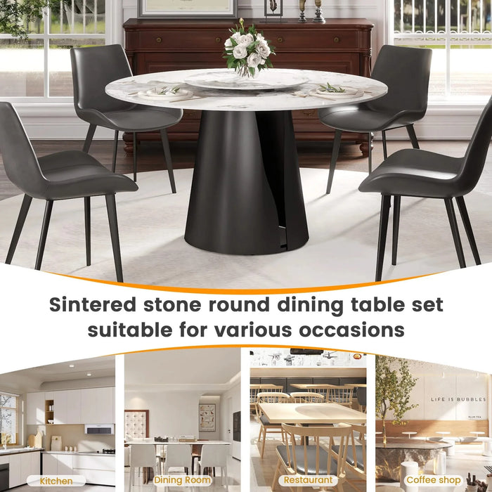 53'Modern Artificial Stone Round Black Carbon Steel Base Dining Table-23.62'White Artificial Stone Turntable-Can Accommodate 6 People Default -DTYStore