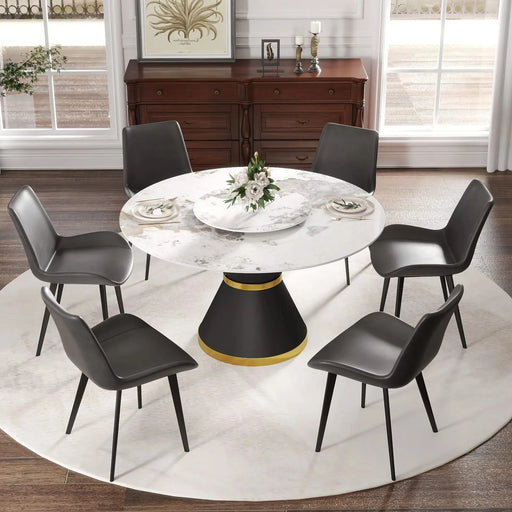 53'Modern Artificial Stone Round Black Carbon Steel Base Dining Table-23.62'White Artificial Stone Turntable-Can Accommodate 6 People Default -DTYStore