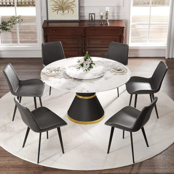 53'Modern Artificial Stone Round Black Carbon Steel Base Dining Table-23.62'White Artificial Stone Turntable-Can Accommodate 6 People Default -DTYStore
