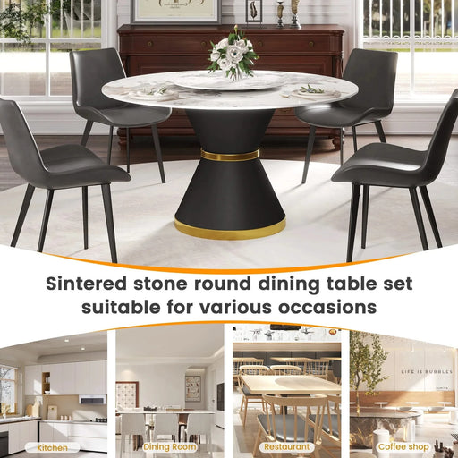 53'Modern Artificial Stone Round Black Carbon Steel Base Dining Table-23.62'White Artificial Stone Turntable-Can Accommodate 6 People Default -DTYStore
