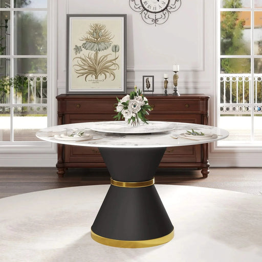 53'Modern Artificial Stone Round Black Carbon Steel Base Dining Table-23.62'White Artificial Stone Turntable-Can Accommodate 6 People Default -DTYStore