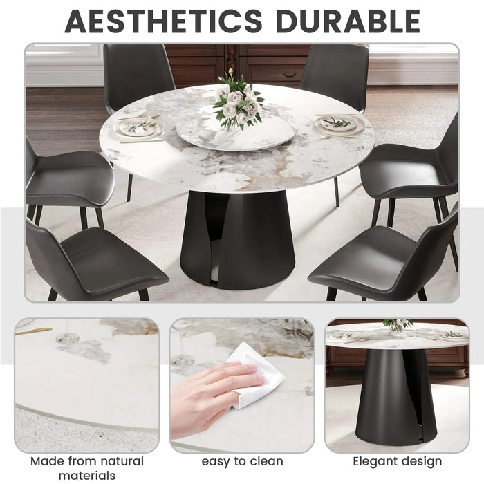 53'Modern Artificial Stone Round Black Carbon Steel Base Dining Table-23.62'White Artificial Stone Turntable-Can Accommodate 6 People Default -DTYStore