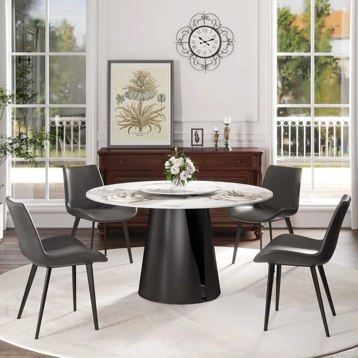 53'Modern Artificial Stone Round Black Carbon Steel Base Dining Table-23.62'White Artificial Stone Turntable-Can Accommodate 6 People Default -DTYStore