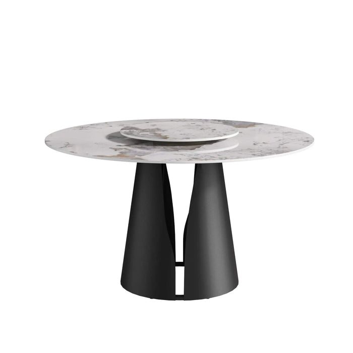 53'Modern Artificial Stone Round Black Carbon Steel Base Dining Table-23.62'White Artificial Stone Turntable-Can Accommodate 6 People Default -DTYStore