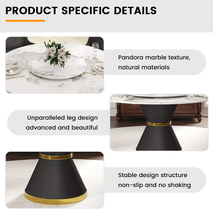 53'Modern Artificial Stone Round Black Carbon Steel Base Dining Table-23.62'White Artificial Stone Turntable-Can Accommodate 6 People Default -DTYStore