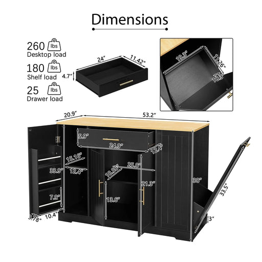 53'' Kitchen Storage Islands with Drawers and Trash Can Storage for Kitchen & Dining. Modern Farmhouse Design, Black, 53.2'W x 20.9'D x 38.0'H. Default -DTYStore