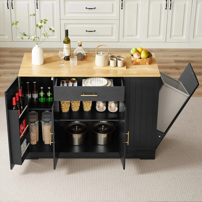 53'' Kitchen Storage Islands with Drawers and Trash Can Storage for Kitchen & Dining. Modern Farmhouse Design, Black, 53.2'W x 20.9'D x 38.0'H. Default -DTYStore