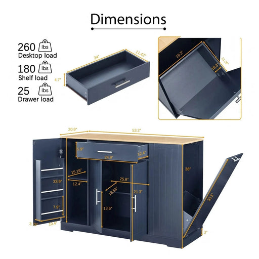 53'' Kitchen Storage Islands with Drawers and Trash Can Storage for Kitchen & Dining. Modern Farmhouse Design, Navy Blue, 53.2'W x 20.9'D x 38.0'H. Default -DTYStore