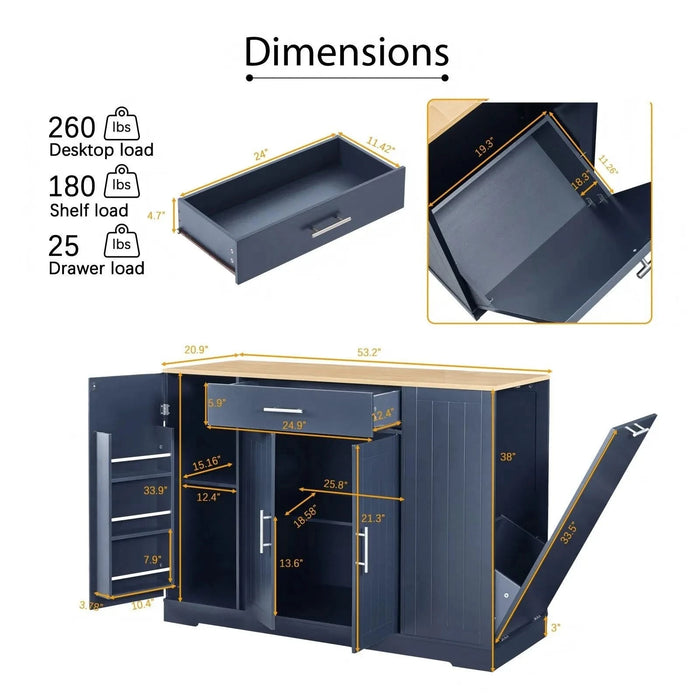 53'' Kitchen Storage Islands with Drawers and Trash Can Storage for Kitchen & Dining. Modern Farmhouse Design, Navy Blue, 53.2'W x 20.9'D x 38.0'H. Default -DTYStore