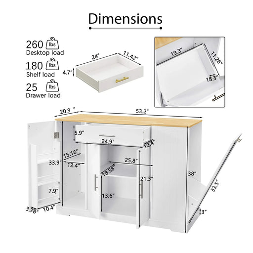 53'' Kitchen Storage Islands with Drawers and Trash Can Storage for Kitchen & Dining. Modern Farmhouse Design, White, 53.2'W x 20.9'D x 38.0'H. Default -DTYStore