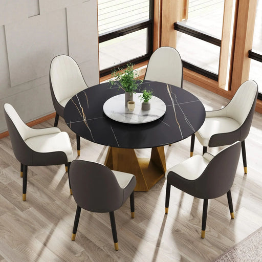 53' Round Marble Dining Table with Bronze Iron Metal Base, Artificial Marble for 6 People, 23.62'White Artificial Stone Turntable,Black&White (Dining Table Only) Default -DTYStore