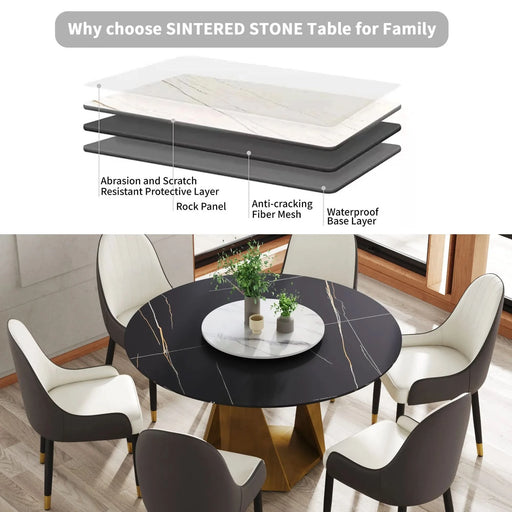 53' Round Marble Dining Table with Bronze Iron Metal Base, Artificial Marble for 6 People, 23.62'White Artificial Stone Turntable,Black&White (Dining Table Only) Default -DTYStore