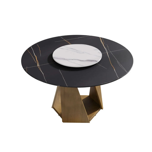 53' Round Marble Dining Table with Bronze Iron Metal Base, Artificial Marble for 6 People, 23.62'White Artificial Stone Turntable,Black&White (Dining Table Only) Default -DTYStore