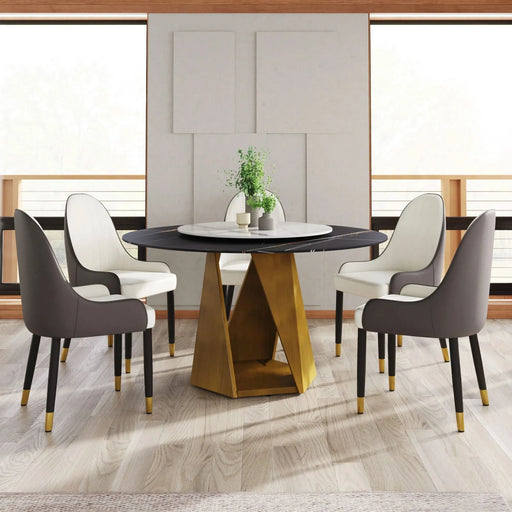 53' Round Marble Dining Table with Bronze Iron Metal Base, Artificial Marble for 6 People, 23.62'White Artificial Stone Turntable,Black&White (Dining Table Only) Default -DTYStore