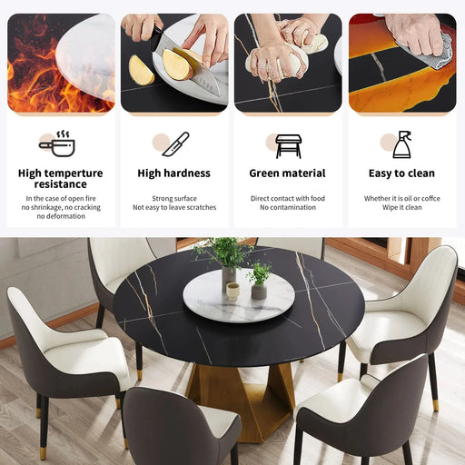 53' Round Marble Dining Table with Bronze Iron Metal Base, Artificial Marble for 6 People, 23.62'White Artificial Stone Turntable,Black&White (Dining Table Only) Default -DTYStore