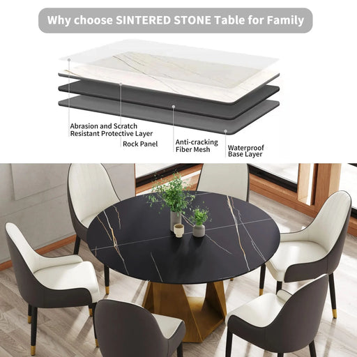 53' Round Marble Dining Table with Bronze Iron Metal Base, Artificial Marble for 6 People, Dining Room/Living Room Kitchen Dining Table,White (Dining Table Only) Default -DTYStore