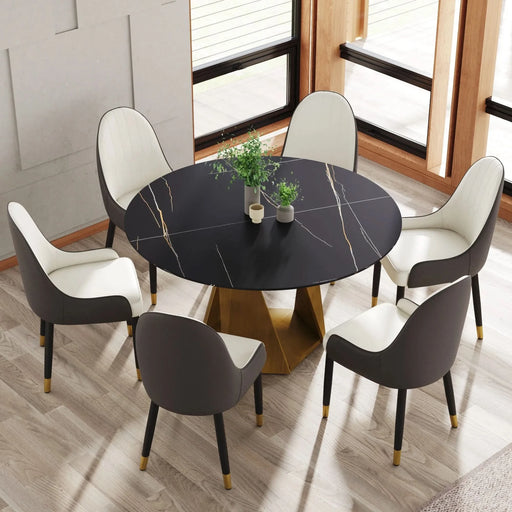 53' Round Marble Dining Table with Bronze Iron Metal Base, Artificial Marble for 6 People, Dining Room/Living Room Kitchen Dining Table,White (Dining Table Only) Default -DTYStore