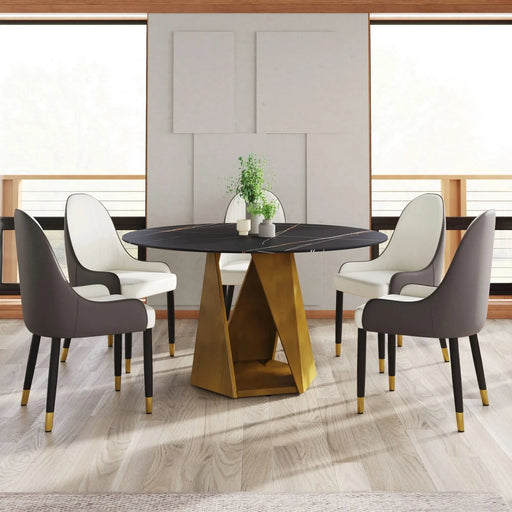 53' Round Marble Dining Table with Bronze Iron Metal Base, Artificial Marble for 6 People, Dining Room/Living Room Kitchen Dining Table,White (Dining Table Only) Default -DTYStore