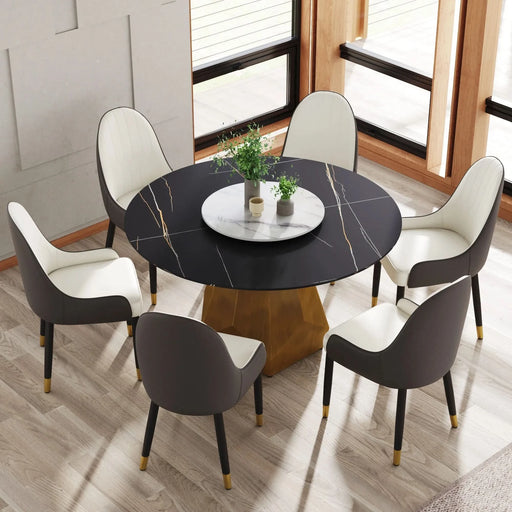 53' Round Marble Dining Table with Metal Base, Artificial Marble for 6 People, 23.62'White Artificial Stone Turntable,Black&White (Dining Table Only) Default -DTYStore