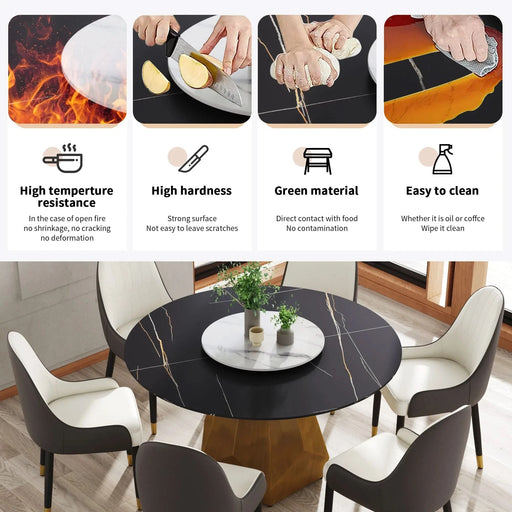 53' Round Marble Dining Table with Metal Base, Artificial Marble for 6 People, 23.62'White Artificial Stone Turntable,Black&White (Dining Table Only) Default -DTYStore