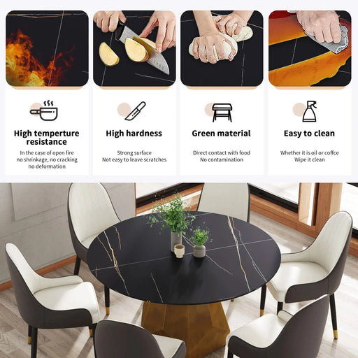 53' Round Marble Dining Table with Metal Base, Artificial Marble for 6 People, Dining Room/Living Room Kitchen Dining Table,Black (Dining Table Only) Default -DTYStore