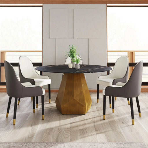 53' Round Marble Dining Table with Metal Base, Artificial Marble for 6 People, Dining Room/Living Room Kitchen Dining Table,Black (Dining Table Only) Default -DTYStore