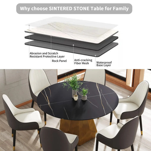 53' Round Marble Dining Table with Metal Base, Artificial Marble for 6 People, Dining Room/Living Room Kitchen Dining Table,Black (Dining Table Only) Default -DTYStore