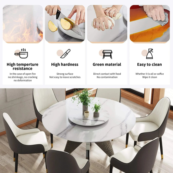 53' Round Marble Dining Table with Silver Stainless Steel Design Base, Artificial Marble for 6 People, 23.62'White Artificial Stone Turntable,White (Dining Table Only) Default -DTYStore
