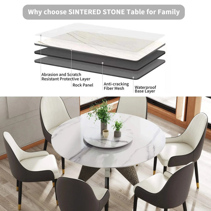 53' Round Marble Dining Table with Silver Stainless Steel Design Base, Artificial Marble for 6 People, 23.62'White Artificial Stone Turntable,White (Dining Table Only) Default -DTYStore