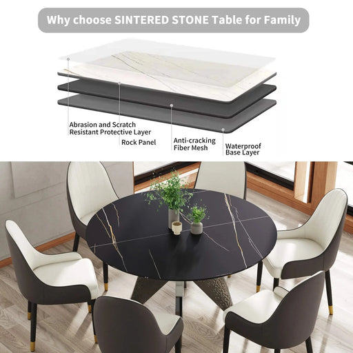 53' Round Marble Dining Table with Silver Stainless Steel Design Base, Artificial Marble for 6 People, Dining Room/Living Room Kitchen Dining Table,Black (Dining Table Only) Default -DTYStore