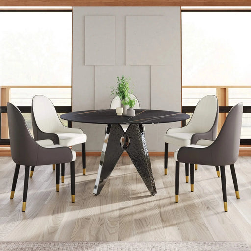 53' Round Marble Dining Table with Silver Stainless Steel Design Base, Artificial Marble for 6 People, Dining Room/Living Room Kitchen Dining Table,Black (Dining Table Only) Default -DTYStore