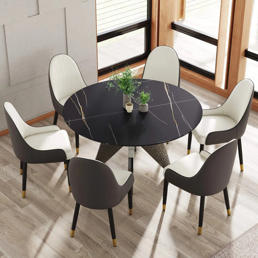 53' Round Marble Dining Table with Silver Stainless Steel Design Base, Artificial Marble for 6 People, Dining Room/Living Room Kitchen Dining Table,Black (Dining Table Only) Default -DTYStore