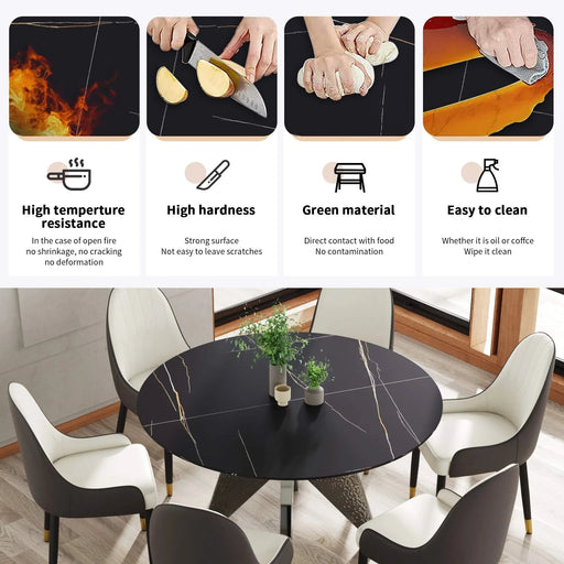 53' Round Marble Dining Table with Silver Stainless Steel Design Base, Artificial Marble for 6 People, Dining Room/Living Room Kitchen Dining Table,Black (Dining Table Only) Default -DTYStore