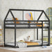 Twin over Twin Rubber Wood Floor Bunk Bed, with ladder,Guardrails,House-Shaped-Bunk Bed, Black - DTYStore
