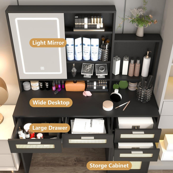 Makeup Vanity with Lights in 3 Colors & Openable Mirror, Vanity Desk with 4 Drawers & 1 Cabinets & Shelves, Vanity Table Rattan Vanity Dresser, for Bedroom - DTYStore