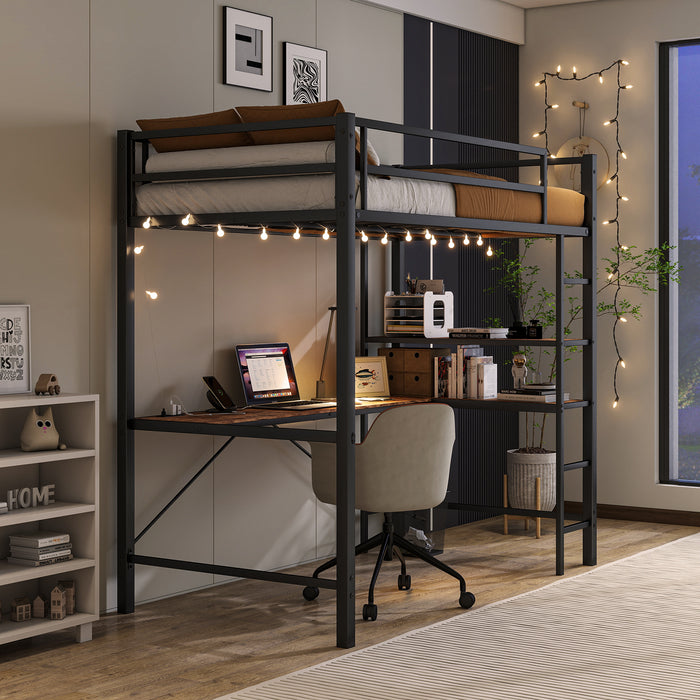 Twin Size Loft Bed with L Shaped Desk and Shelves, Charging Station, Led Lights, Safety Guard & Ladder, Space-Saving, No Noise, No Box Spring Needed, Brown Wood