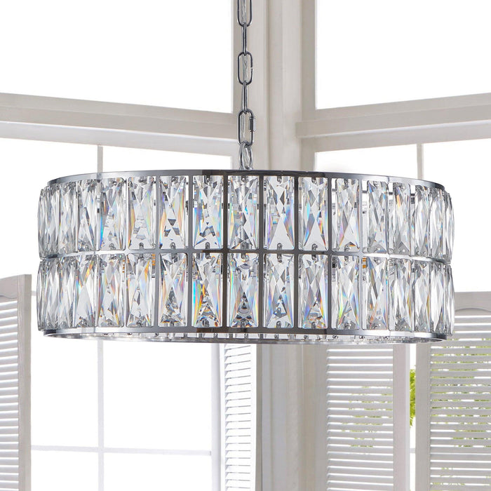 Modern Crystal Drum Chandelier, 6-Light Pendant Lighting Fixture with Silver Metal Frame for Living Room, Dining Room, and Bedroom (Bulbs Not Included) - DTYStore