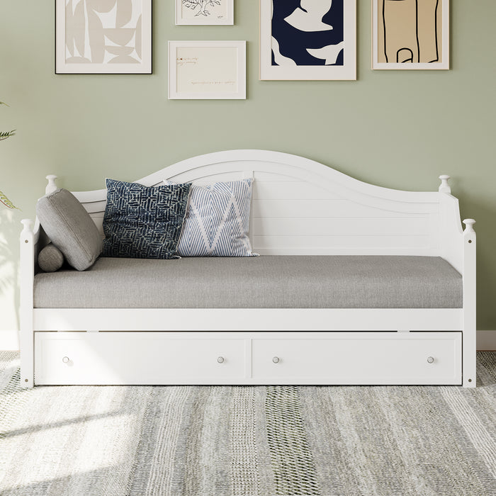 Twin Size Wood Daybed with 2 Storage Drawers ,Wooden Sofa Bed with Handrail for Living Room Bedroom, White