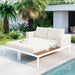 Modern Outdoor Daybed Patio Metal Daybed with Wood Topped Side Spaces for Drinks, 2 in 1 Padded Chaise Lounges for Poolside, Balcony, Deck, Beige - DTYStore