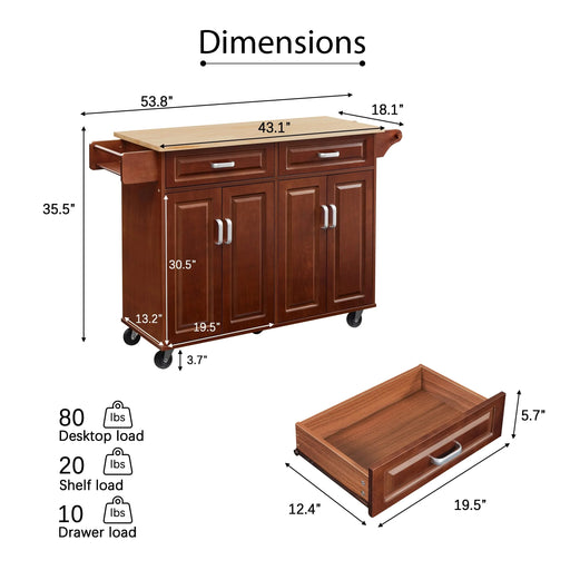 54'' Portable Kitchen Island Cart on Wheels Wood Storage Cabinet with 2 Drawers, Spice Rack & Towel Rack, Walnut 53.78''W x 18.11''D x 35.47''H. Default -DTYStore
